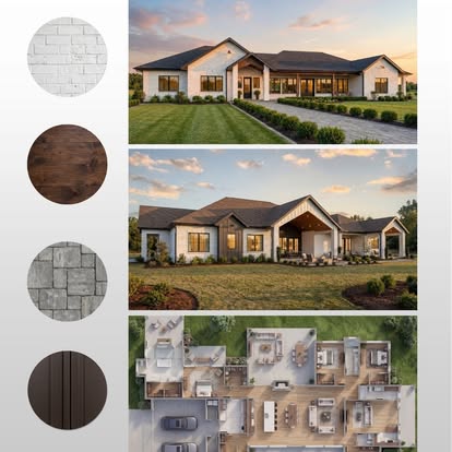 Custom home design process showing material selections, exterior renders, and floor plan